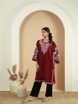 Zamour - Floral Maroon Aari Embroidery Kashmiri Pheran Kurta