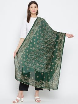 Clora Creation - Bottle Green Printed Cotton Blend Dupatta