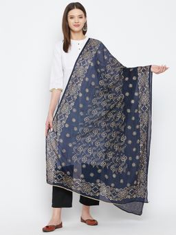 Clora Creation - Navy Blue Printed Cotton Blend Dupatta