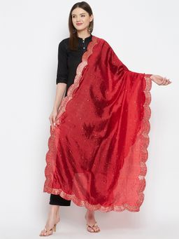 Clora Creation - Red Beads and Stones Silk Blend Dupatta