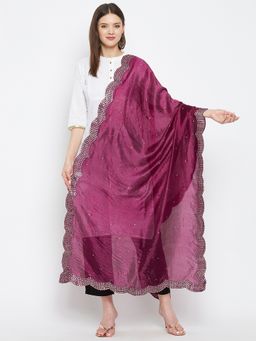 Clora Creation - Wine Beads and Stones Silk Blend Dupatta