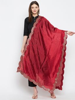 Clora Creation - Maroon Beads and Stones Silk Blend Dupatta