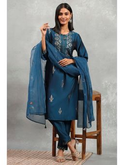 Rangriti - Women Blue Polyester Blend Printed Gathered Kurta with Pant and Dupatta