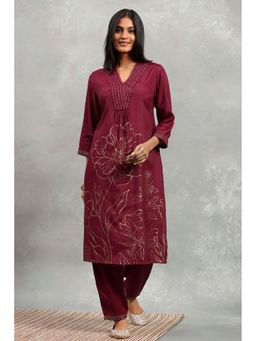 Rangriti - Women Maroon Viscose Rayon Printed A-Line Kurta with Pant