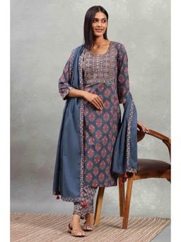 Rangriti - Women Blue Cotton Printed Straight Kurta with Pant and Dupatta