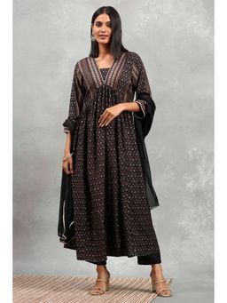 Rangriti - Black Viscose Rayon Printed Anarkali Kurta with Palazzo and Dupatta