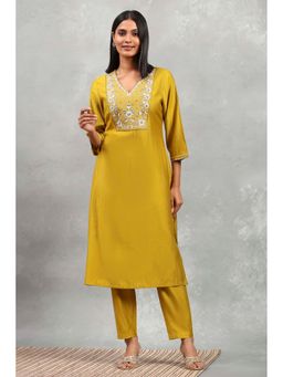 Rangriti - Women Acid Yellow Viscose Blend Solid Straight Kurta with Pant