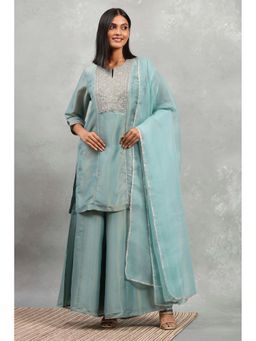 Rangriti - Women Dust Blue Tissue Solid Straight Kurti with Palazzo and Dupatta