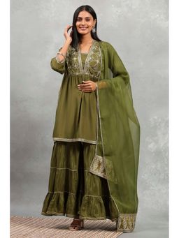 Rangriti - Women Green Viscose Rayon Solid Gathered Kurti with Sharara and Dupatta
