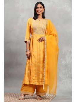 Rangriti - Yellow Viscose Rayon Gathered Anarkali Kurta with Palazzo and Dupatta