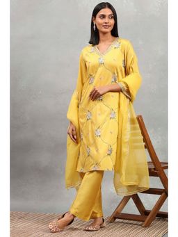 Rangriti - Women Yellow Viscose Blend Straight Kurta with Pant and Dupatta