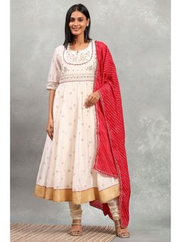 Rangriti - Off White Printed Anarkali Kurta with Churidar and Dupatta