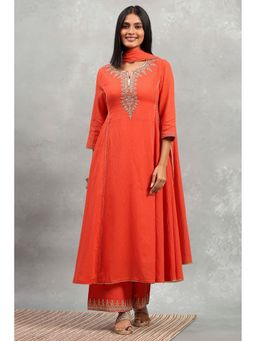 Rangriti - Orange Cotton Printed Kalidar Anarkali Kurta with Palazzo and Dupatta