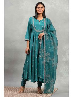 Rangriti - Teal Green Viscose Rayon Anarkali Kurta with Churidar and Dupatta