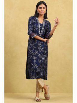Rangriti - Women Indigo Blue Straight Viscose Blend Kurta