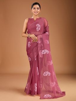 INDDUS - Women Floral Thread Embroidered Mauve Saree with Unstitched Blouse