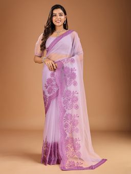 INDDUS - Women Floral Thread Embroidered Saree with Unstitched Blouse