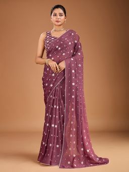 INDDUS - Women Floral Thread Embroidered Saree with Unstitched Blouse