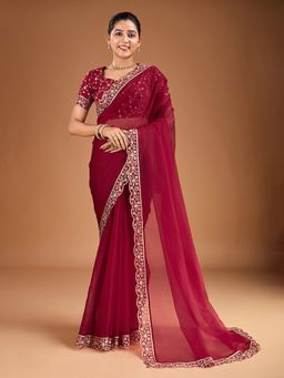INDDUS - Women Sequined Embroidered Border Saree with Unstitched Blouse