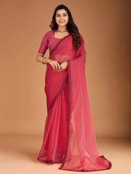 INDDUS - Women Thread Embroidered Border Pink Saree with Unstitched Blouse