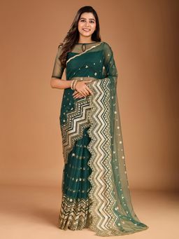 INDDUS - Women Floral Zari and Sequined Embroidered Saree with Unstitched Blouse