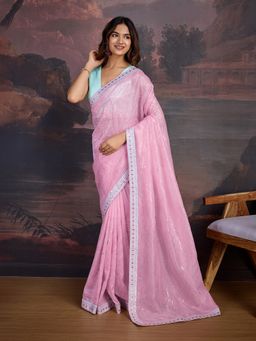INDDUS - Women Pink Striped Sequined Embroidered Saree with Unstitched Blouse
