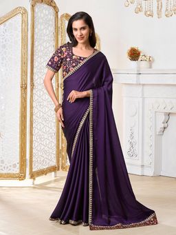 INDDUS - Women Floral Thread and Sequined Embroidered Border Saree with Unstitched Blouse