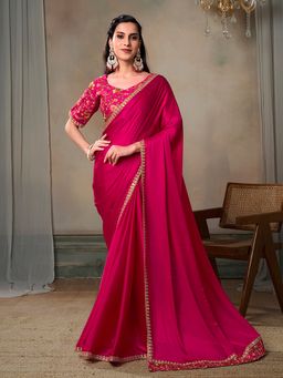 INDDUS - Women Floral Thread and Sequined Embroidered Border Saree with Unstitched Blouse