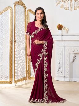 INDDUS - Women Floral Thread and Sequined Embroidered Saree with Unstitched Blouse