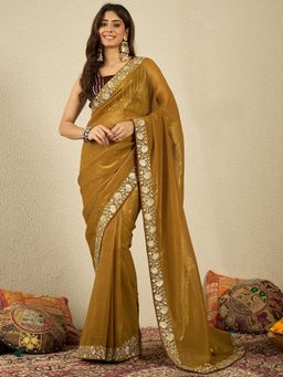 INDDUS - Women Thread Embroidered Border Saree with Unstitched Blouse