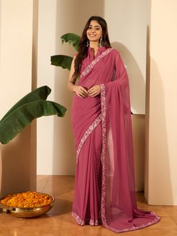 INDDUS - Women Thread Embroidered Border Saree with Unstitched Blouse