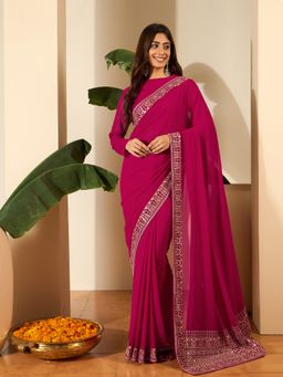 INDDUS - Women Sequined Embroidered Border Saree with Unstitched Blouse