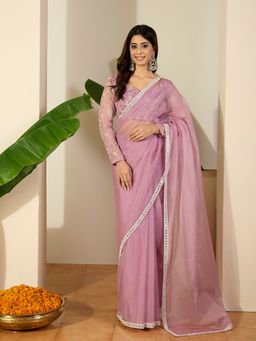INDDUS - Women Mirror Work Border Saree with Unstitched Blouse