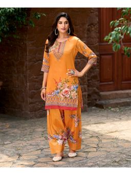 MOJILAA - Women Mustard Chinon Chiffon Printed Co-Ord Set