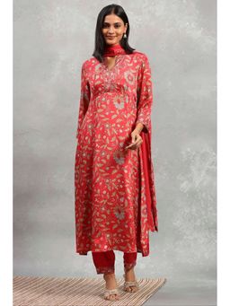 Rangriti - Red Printed Kalidar Anarkali Kurta with Pant and Dupatta