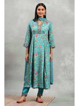 Rangriti - Teal Printed Kalidar Anarkali Kurta with Pant and Dupatta