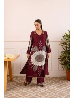 Nehamta - Women Maroon Print Rayon Straight Cut Kurta with Palazzo