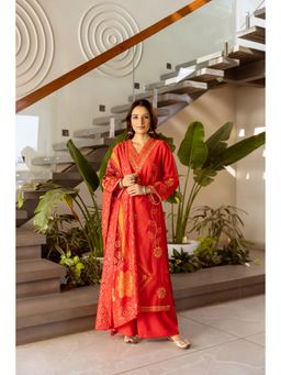 Nehamta - Women Red Muslin Straight Kurta with Palazzo and Dupatta