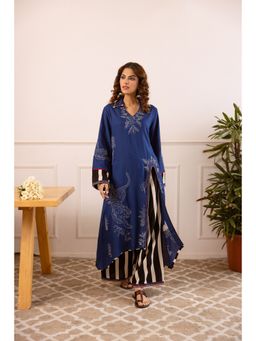 Nehamta - Women Blue Embroidered Rayon Asymmetric Kurta with Striped Palazzo