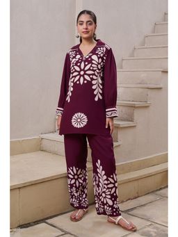 Nehamta - Wine Red Batik Floral Print Collared Co-Ord Set