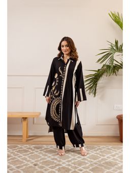 Nehamta - Women Black Striped Embroidered Rayon Asymmetric Kurta with Pant
