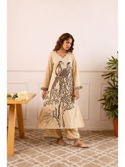 Nehamta - Women Beige Graphic Print Rayon A-Line Kurta with Palazzo