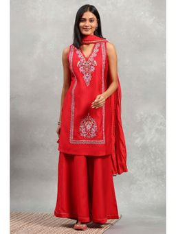 Rangriti - Women Red Polyester Solid Straight Kurti with Sharara and Dupatta