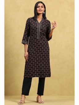 Rangriti - Women Black Viscose Blend Printed Straight Kurta with Pant