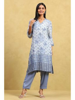 Rangriti - Women Blue Viscose Blend Printed A-Line Kurta with Pant