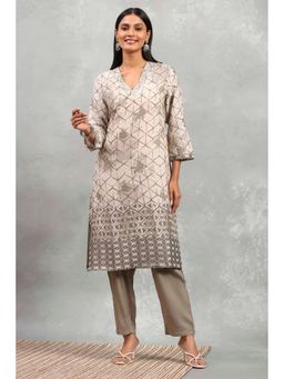 Rangriti - Women Grey Viscose Blend Printed A-Line Kurta with Pant