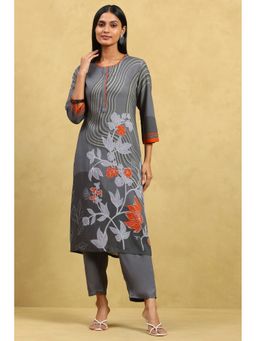 Rangriti - Women Grey Viscose Rayon Printed Straight Kurta with Pant