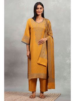 Rangriti - Women Mustard Polyester Yarn Dyed Straight Kurta with Pant and Dupatta