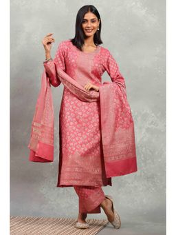 Rangriti - Women Pink Polyester Yarn Dyed Straight Kurta with Pant and Dupatta