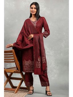 Rangriti - Women Maroon Polyester Yarn Dyed Straight Kurta with Pant and Dupatta